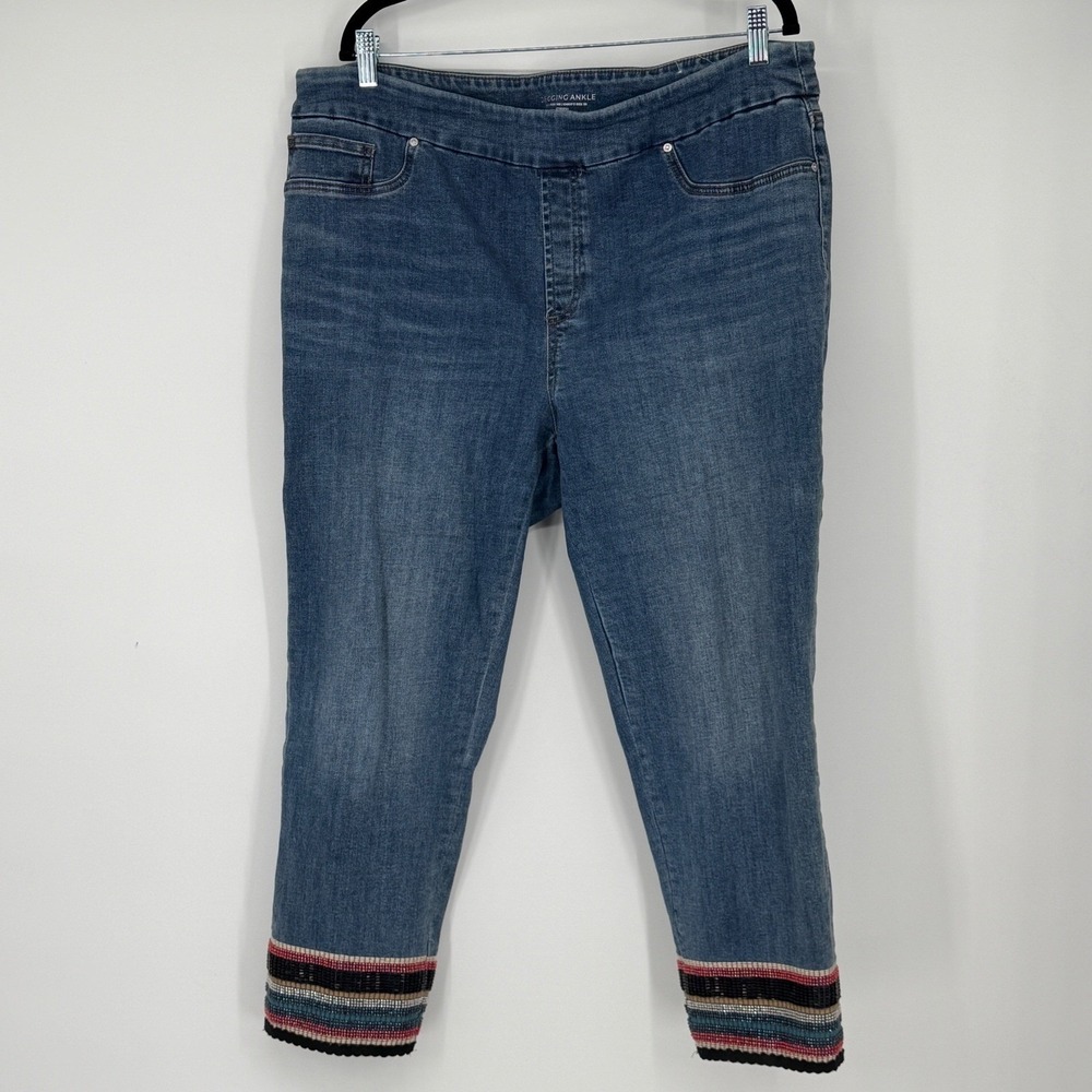 Chico's Jegging Ankle Jeans Size 3R US 16R Blue Denim Beaded Cuff Embellished